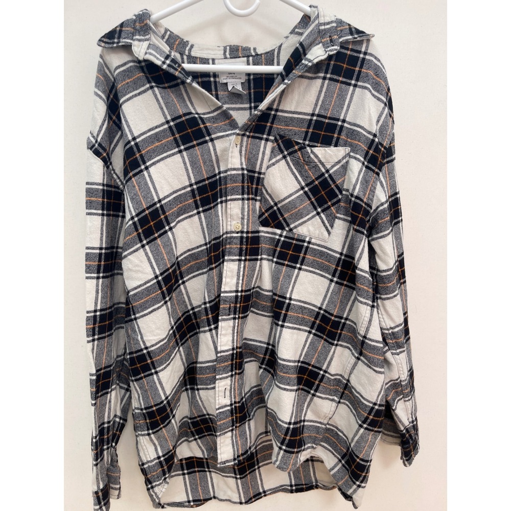 HM Relaxed Fit Flannel Button Up Shirt Mens XL White Black Orange Plaid